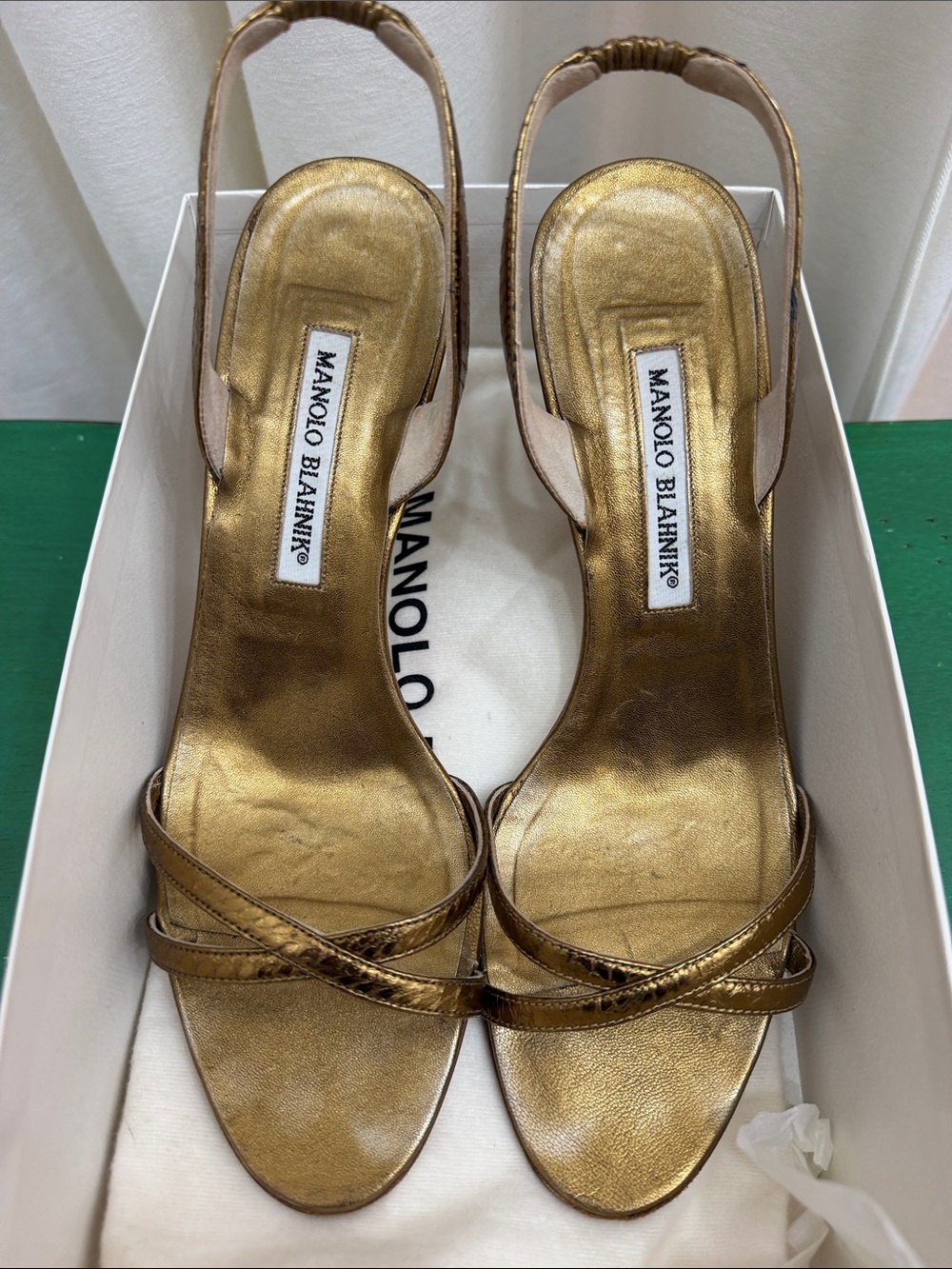 Manolo Blahnik Metallic Gold Strappy Slingback Heels